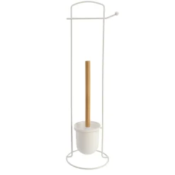 Suporte wc branco com escova e porta rolos em metal e bambu