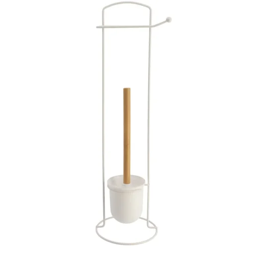 Suporte wc branco com escova e porta rolos em metal e bambu