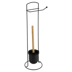 Suporte wc preto com escova e porta rolos em metal e bambu