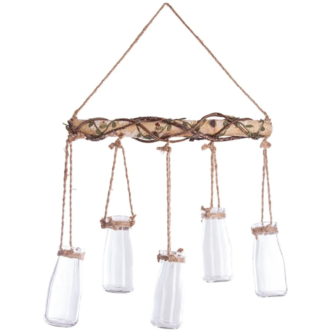 Suspensão de madeira com 5 jarras de vidro