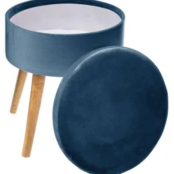 Tamborete azul em veludo com arrumação