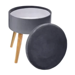 Tamborete cinza escuro em veludo com arrumação