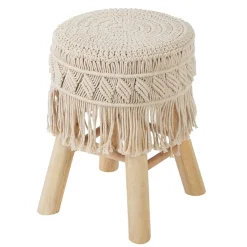 Tamborete macramé bege com pernas em madeira