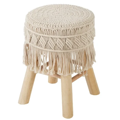 Tamborete macramé bege com pernas em madeira