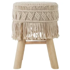Tamborete macramé bege com pernas em madeira