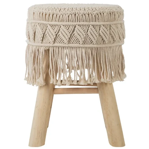 Tamborete macramé bege com pernas em madeira