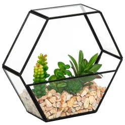 Terrário em metal preto com plantas artificiais PIA