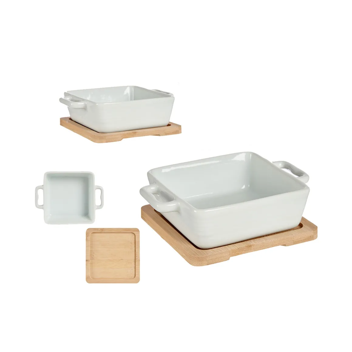 Travessa quadrada de cerâmica com base em bambu