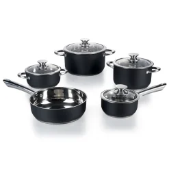 Trem de cozinha 5 peças em inox preto e tampa de vidro