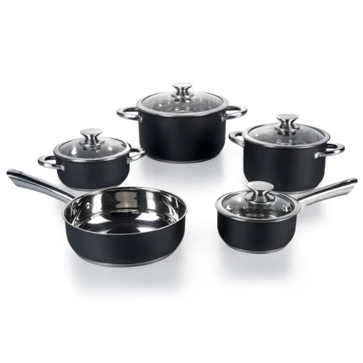 Trem de cozinha 5 peças em inox preto e tampa de vidro