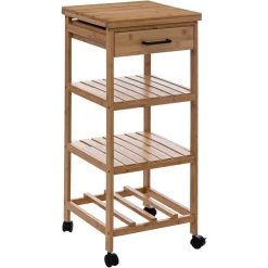 Trolley de cozinha em bambu com 3 prateleiras e gaveta