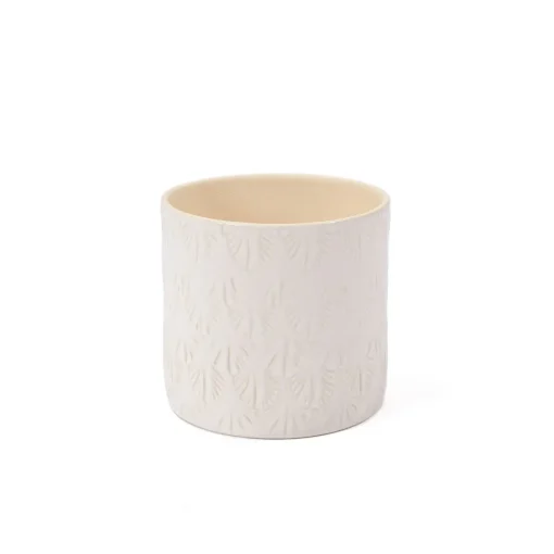 Vaso branco de cerâmica com decoração folhas 12,8cm
