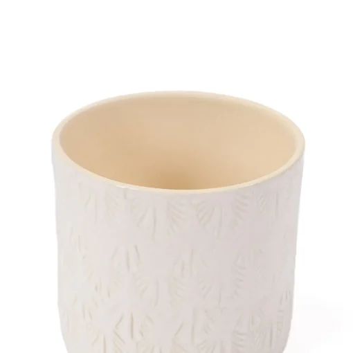 Vaso branco de cerâmica com decoração folhas 12,8cm
