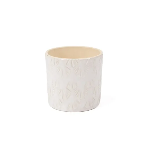 Vaso branco de cerâmica decoração folhas 10cm