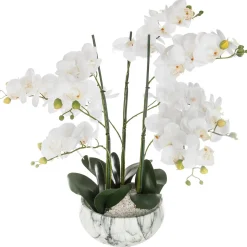 Vaso de cimento efeito mármore com orquídea artifical branca 65cm