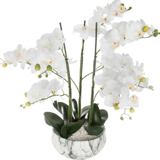 Vaso de cimento efeito mármore com orquídea artifical branca 65cm