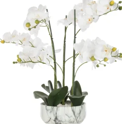 Vaso de cimento efeito mármore com orquídea artifical branca 65cm