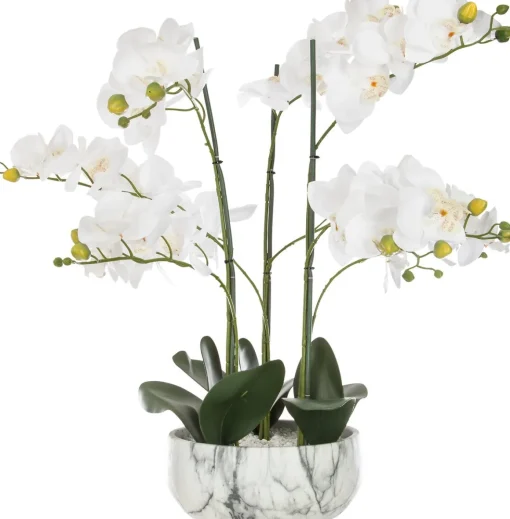 Vaso de cimento efeito mármore com orquídea artifical branca 65cm