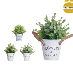 Vaso de metal com planta artificial verde 24cm