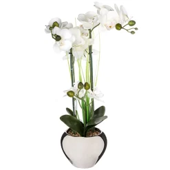 Vaso em cerâmica prateado com orquídea artificial