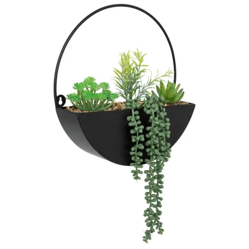 Vaso suspenso metal com plantas artificiais