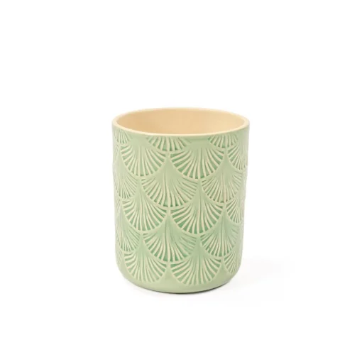 Vaso verde de cerâmica decoração folhas 13,2cm