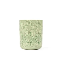 Vaso verde de cerâmica decoração folhas 13,2cm