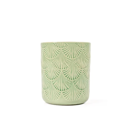 Vaso verde de cerâmica decoração folhas 13,2cm