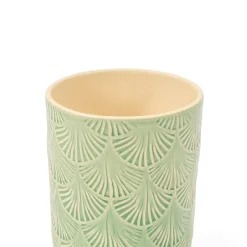 Vaso verde de cerâmica decoração folhas 13,2cm
