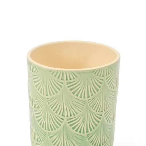 Vaso verde de cerâmica decoração folhas 13,2cm